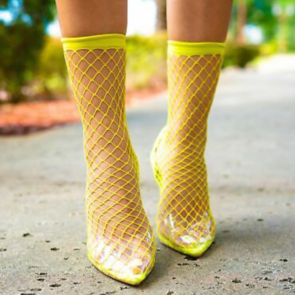 💚 Fishnet Stockings Clear PVC Slingback Heels